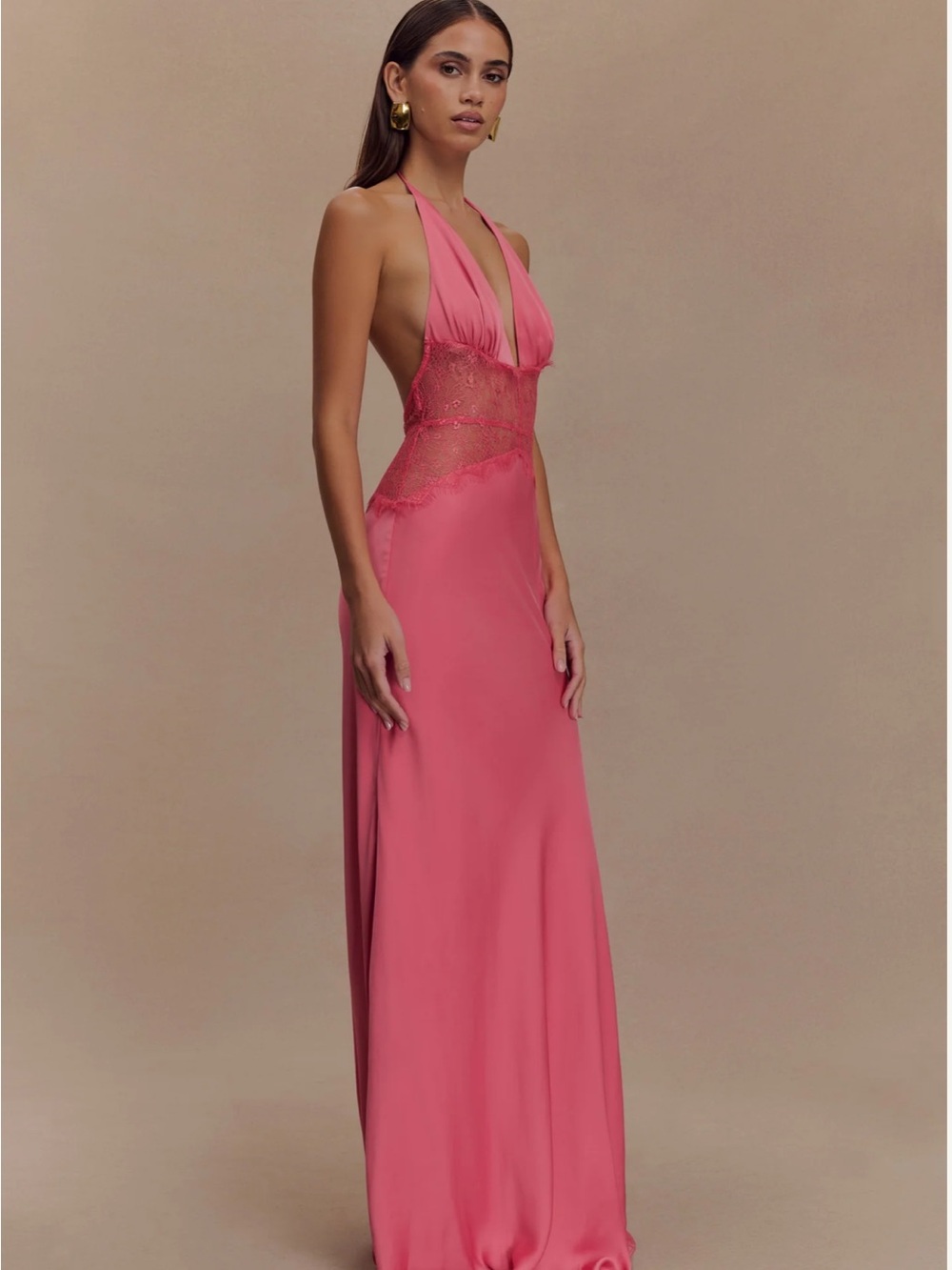 NWT Meshki Pink Halter Lace-Trim Maxi Dress